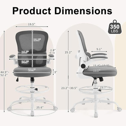 Karl home Ergonomic Drafting Chair, Grey | Lumbar Support, Flip-Up Armrests, Adjustable Height Footrest Ring, Breathable Mesh, Tall Swivel