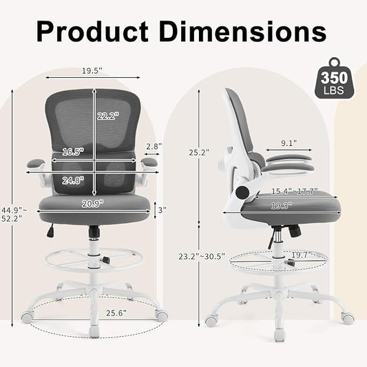 Karl home Ergonomic Drafting Chair, Grey | Lumbar Support, Flip-Up Armrests, Adjustable Height Footrest Ring, Breathable Mesh, Tall Swivel