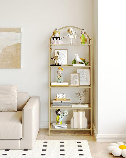 Hzuaneri Bookcase Bookshelf, Tempered Glass Bookshelves, Slim Shelving Unit for Bedroom, Bathroom, Home Office, Steel Frame, 5 Tier Gold BC21599G