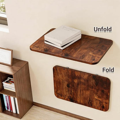 Neoaider Wall Mounted Folding Desk 23.6” x 15.7”, Drop Down Table with Metal Collapsible Brackets, Folding Wall Table for Small Spaces, Home, Office, Kitchen, Laundry Room-Brown