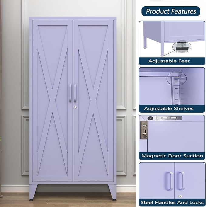 61" H Tall Lockable Steel Storage Cabinet with 2 Doors and 3 Adjustable Shelves,4-Tier Freestanding Metal Locker for Home,Office,Living Room,Gym,Purple 27.6" W x 13.8" D