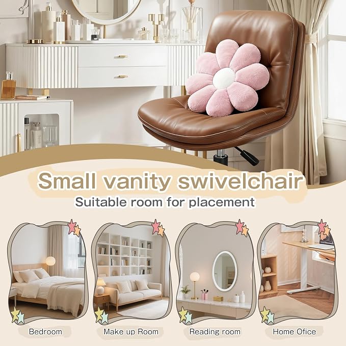 Small Office Desk Chair, PU Leather Armless Swivel Chair with Lumbar Pillow, Height Adjustable Task Chair for Small Spaces, Bedroom & Vanity Brown