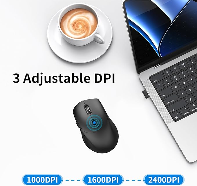 2.4G Wireless Silent Mouse with Side Keys, Ergonomic Wireless Computer Mouse, Suitable for Chromebooks, Laptops, Tablets, 1000/1600/2400DPI - Black