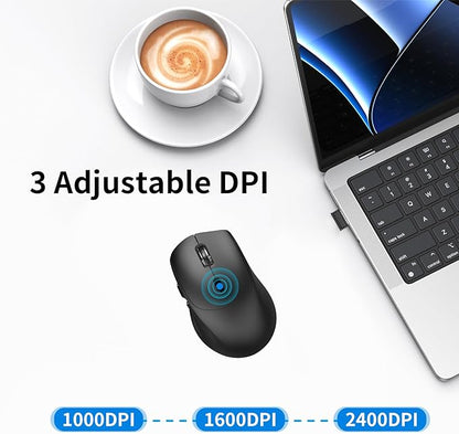 2.4G Wireless Silent Mouse with Side Keys, Ergonomic Wireless Computer Mouse, Suitable for Chromebooks, Laptops, Tablets, 1000/1600/2400DPI - Black