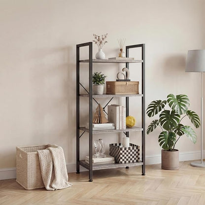 DUMOS 4 Tiers Open Bookshelf, Classic Freestanding Tall Display Shelf, Multifunctional Storage Organizer Rack for Living Room Home Office, Sturdy Bookcase for CDs/Books/Movies, Wood Grey