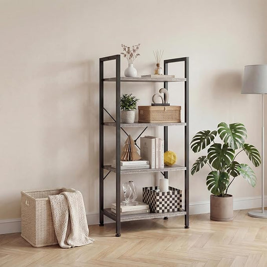 DUMOS 4 Tiers Open Bookshelf, Classic Freestanding Tall Display Shelf, Multifunctional Storage Organizer Rack for Living Room Home Office, Sturdy Bookcase for Books/Movies, Wood Grey