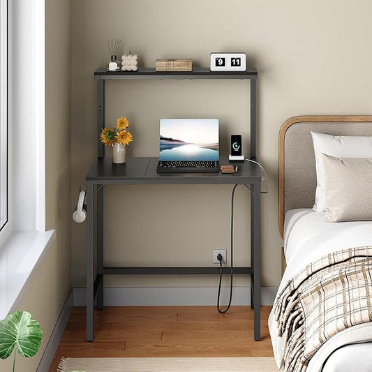 HOOBRO Small Computer Desk, 28.3" Desk for Small Spaces, Home Office Desk with Power Outlet & Adjustable Monitor Stand, Compact Desk with Storage, Writing Table for Bedroom, Office, Black BB38UDN01