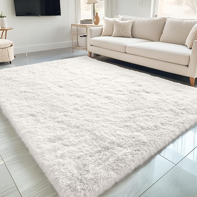 OLANLY 5x9 Machine Washable Large Area Rugs for Living Room, Bedroom, Soft Fluffy Shaggy Bedside Rug, Indoor Floor Carpet for Kids Girls and Boys, Dorms, Nursery, Home Decor Aesthetic, Ivory
