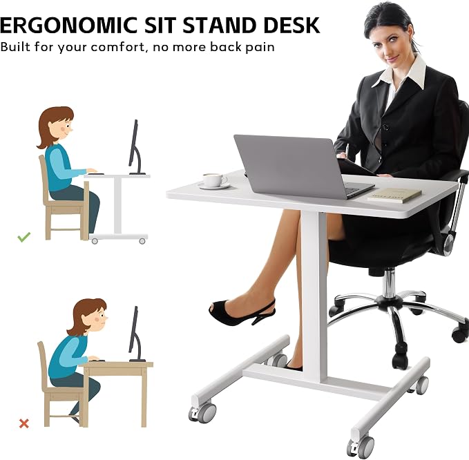 GallopFun Mobile Laptop Standing Desk Adjustable Height, Small Mobile Desk Workstation with Wheels, Portable Rolling Computer Desk Cart for Home Office Classroom (White)