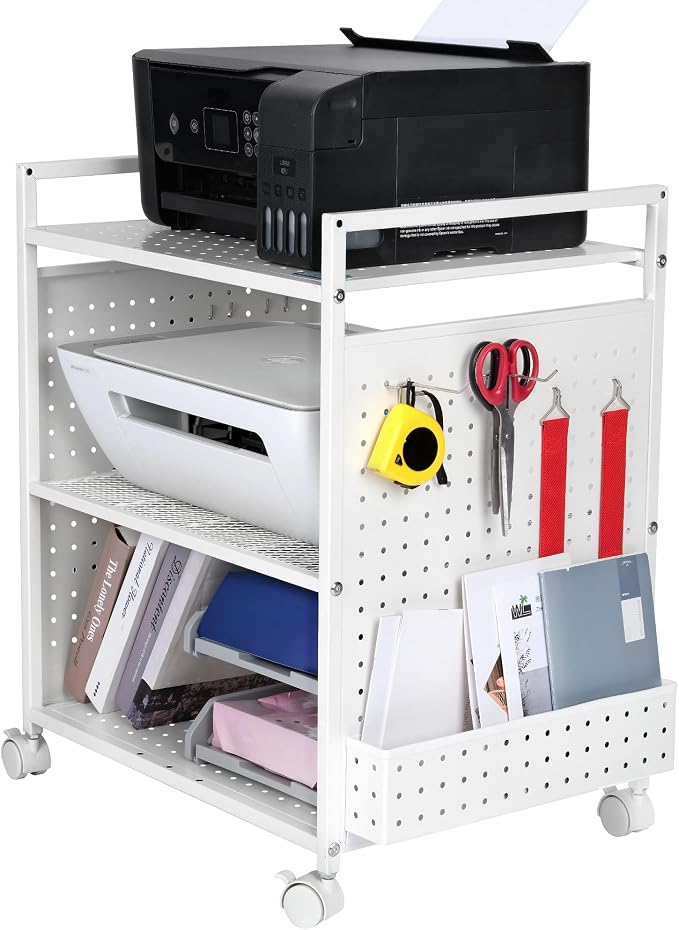 Mythinglogic 3-Tier Rolling Printer Stand with Adjustable Height, Metal Office Organizer Cart, DIY Panels, Lockable Wheels for Home, Office, Kitchen, Gaming