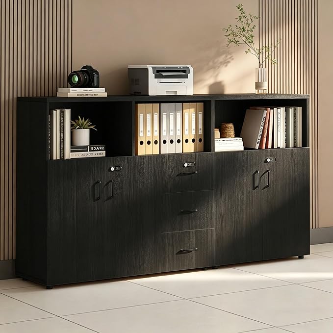 File Cabinet with Password Lock, Wood Lateral Filing Cabinet for Letter/A4 Files, 3 Drawer with Door, Printer Stand with Open Shelves for Home Office