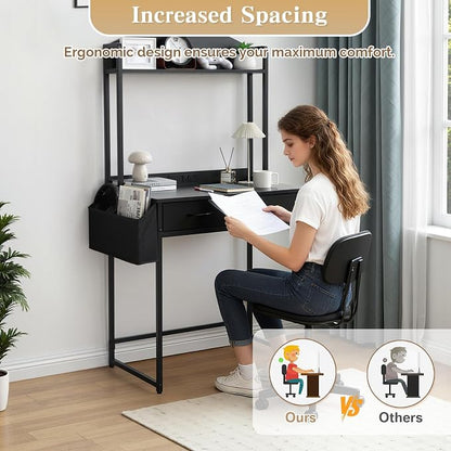 KATHY&BOB Small Home Office Study Desk - Freestanding Ladder Design with Fabric Drawers & Side Bag - Modern Vanity Makeup Desk - 2 Tier Shelf & Computer Gaming Station (Black, Arched)