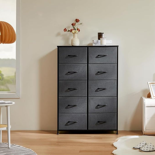 DUMOS Dresser for Bedroom, 10 Storage Drawers, Wide Fabric Closet Chests Organizer Tower Furniture with Wooden Top Metal Frame for Clothes, Guest Room, Living Room, Hallway, Entryway