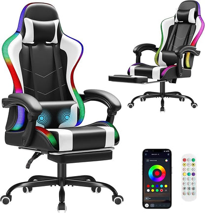Homall Gaming Chair, Video Game Chair with Footrest and Massage Lumbar Support, Ergonomic Computer Chair Height Adjustable with Swivel Seat and Headrest (RGB Lvory)