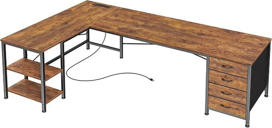 Huuger 63 Inch L Shaped Desk with Fabric Drawers, Computer Office Desk with Power Outlets and USB-C Port, Corner Desk with Storage Shelves, Work Study Home Office, Reversible, Rustic Brown, 1CD079F