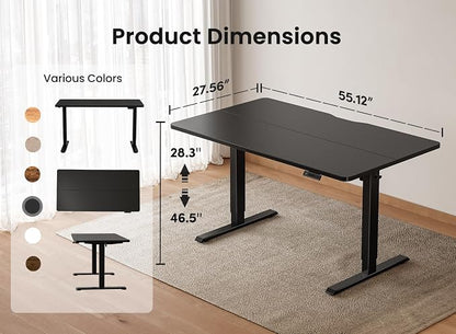 BANTI 55 × 28 Inches Standing Desk, Ergonomic, Electric Height Adjustable, Sit and Stand Up, Computer Desk with a Deeper Desktop, Black Frame/Black Top