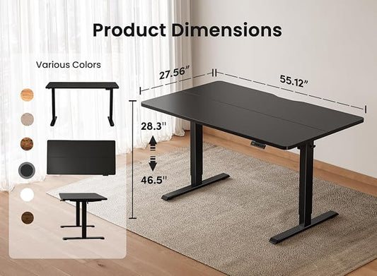 BANTI 55 × 28 Inches Standing Desk, Ergonomic, Electric Height Adjustable, Sit and Stand Up, Computer Desk with a Deeper Desktop, Black Frame/Black Top