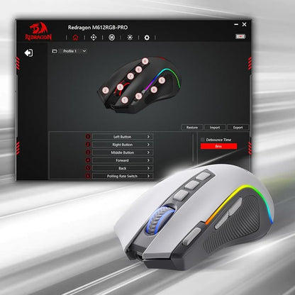 Redragon M612 PRO RGB Gaming Mouse, 8000 DPI Wired/Wireless Optical Mouse with 9 Programmable Buttons & 7 Backlit Modes, BT & 2.4G Wireless, Software Supports DIY Keybinds Rapid Fire Button