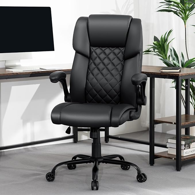 VANSPACE Executive Office Chair Big and Tall 450lbs Heavy Duty Desk Chairs with Adjustable Lumbar Support High Back Home Computer Leather Chair with Flip-up Armrests for Heavy People,Black