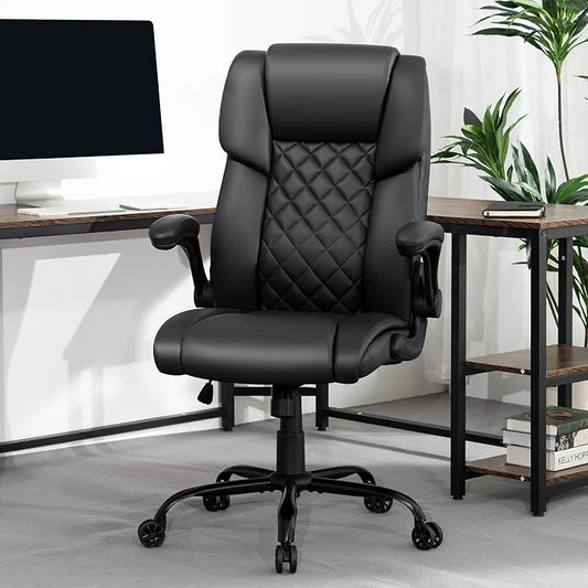 VANSPACE Executive Office Chair Big and Tall 450lbs Heavy Duty Desk Chairs with Adjustable Lumbar Support High Back Home Computer Leather Chair with Flip-up Armrests for Heavy People,Black