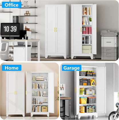 pozdeg 71" Tall Metal Storage Cabinet with 2 Doors & 4 Adjustable Shelves, Steel File Cabinet Multipurpose Organizer for Home Office Garage (White)