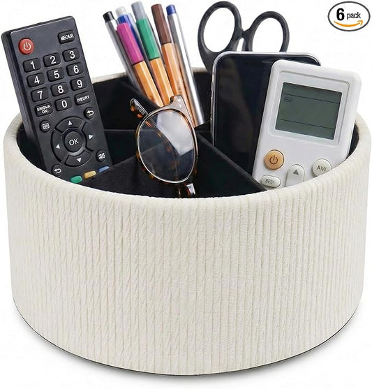 Remote Control Holder, 360°Spinning PU Leather Desk TV Remote Caddy,Desk Storage Box Room Accessories for Controller, Media,Mail,Calculator, Mobile Phone,Pencil(1-Big Wood Beige)