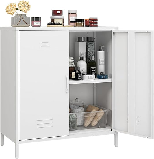 Steehoom Metal Cabinet with 2 Door and Adjustable Shelf, Metal Locker Horizontal White Storage Cabinet for Home, Office, School, Entryway, Garage (White, H35.43'')