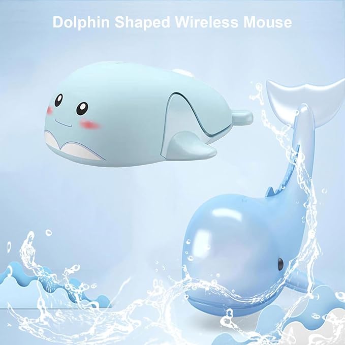 CHUYI Cute Animal Dolphin Shape Wireless Silent Mouse Frosted Cartoon Portable Travel Mute 1600DPI Novelty Optical Unique Cordless Quiet Mice for Computer Laptop PC Gift (1 Pack-Light Blue)