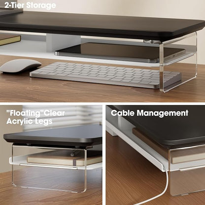 Fenge Acrylic Monitor Stand Riser, 42.5 Inches Dual Monitor Stand with Metal Storage, 2 Tier Acrylic Computer Riser for Desk, Clear Laptop Stand for PC, Laptop, Printer, TV, Black