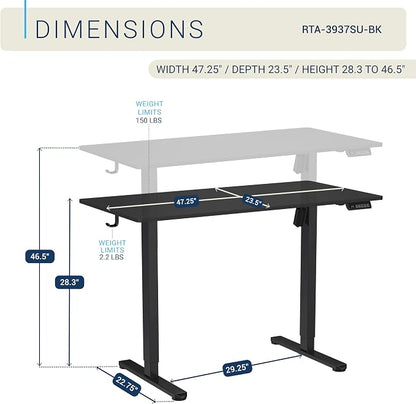 Techni Mobili 48” W Electric Standing Desk, Height Adjustable Sit-to-Stand Desk with 3 Memory Presets and Dual Accessory Hooks, Computer Workstation for Home or Office (Black)