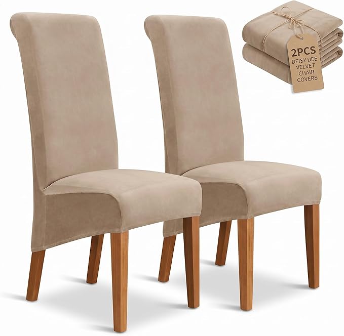 Deisy Dee Stretch XL/Oversized Extra Large Velvet Dining Room Chair Covers for Kitchen Dining，Removable Washable Chair Protectors Slipcovers (Khaki, 2)
