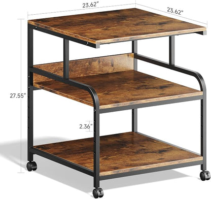 Warmiehomy 24x24 inches Printer Stand with Adjustable Storage Shelf - Large Printer Table with Wheels - 3 Tier Rolling Cart - Use for 3D Laser Printer Mini Fridge Home Office (Brown)
