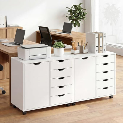 Giantex 5-Drawer File Cabinet with Wheels, Wooden Rolling Lateral Filing Cabinet with Door and Adjustable Shelf, Chest of Drawers, Mobile Printer Stand Organizer for Home Office and Bedroom (White)