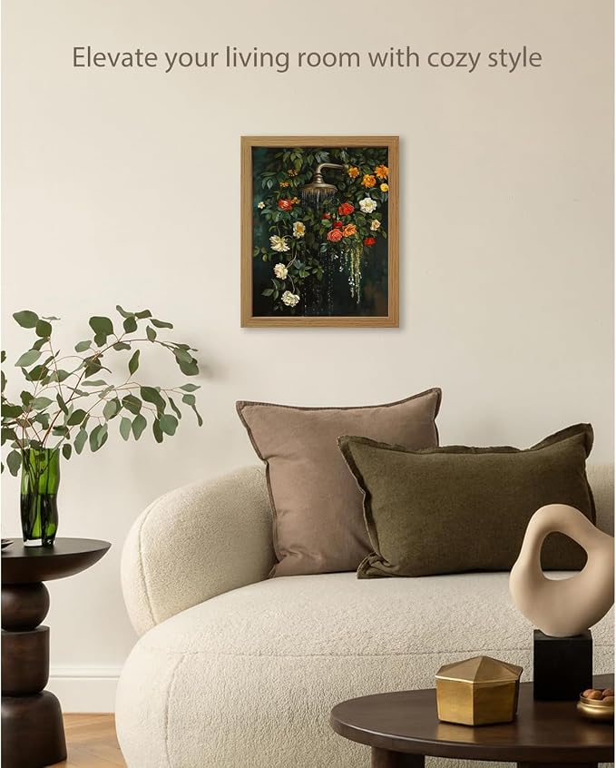 CXQILVER Vintage Framed Floral Bathroom Wall Art Canvas, Green Botanical Flowers Shower Wall Decor, Rustic Farmhouse Bathroom Decor Aesthetic Picture Artwork for Bedroom Living Room Guest Bath 8x10in