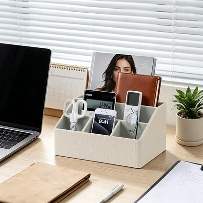 Desk Organizer Caddy with 5 Compartments for Office Art Supplies, PU Leather Nightstand Organizer Pencil Pen Desk Caddy for Home, Desktop TV Remote Control Holder Storage (Linen)