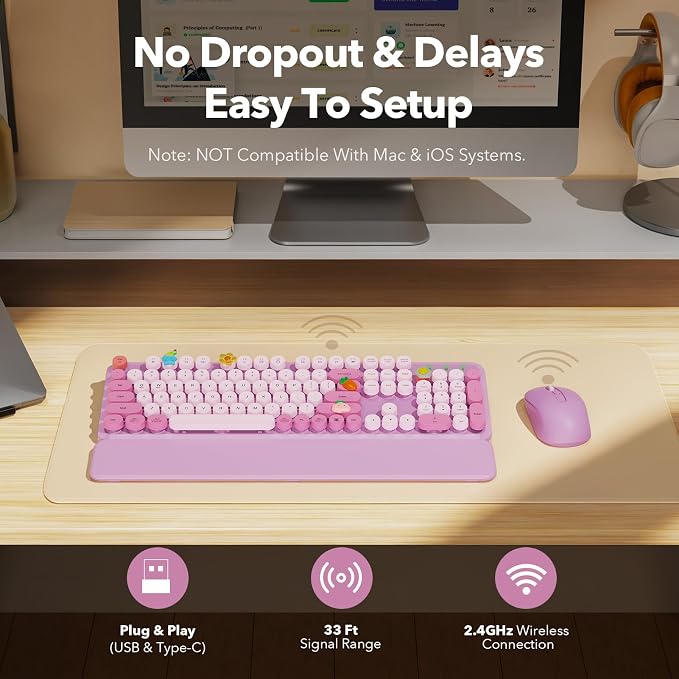 Wireless Keyboard and Mouse Combo, Round Keycaps, Full-Size Retro Typewriter Keyboard with Magnetic Wrist Rest, Tilt Legs, 2.4GHz Cordless Connection for Mac/Windows/PC, SABLUTE CK23, Lavender Purple