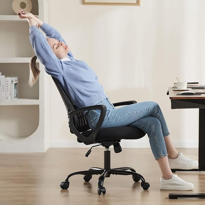 OLIXIS Home Office Chair, Mid Back Computer Ergonomic Mesh Desk with Large Seat, Executive Height Adjustable Swivel Task with Lumbar Support and Armrest, for Adults, Black