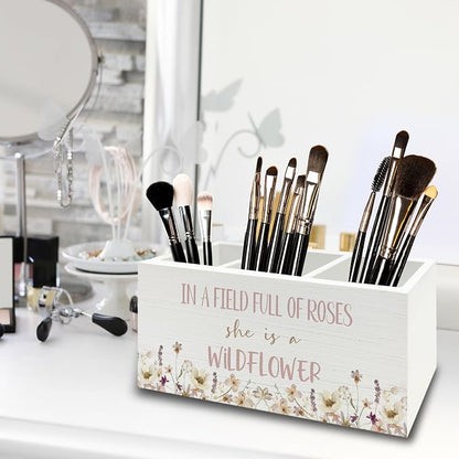 Wildflower Nursery Decor Pen Pencil Holder Organizer for Desk, Girl Nursery Decor, in a Field Full of Roses She Is a Wildflower Wooden Box Sign for Girly Room Bedroom Desk Tabletop Decorations