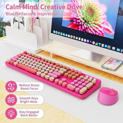 Nowlike Wireless Keyboard and Mouse Combo, Retro Typewriter Keyboard with Round Keycaps, Full-Size Ergonomic, Red, Ideal for Windows PC, Home, Office, and College, Wireless Keyboard Mouse Combo