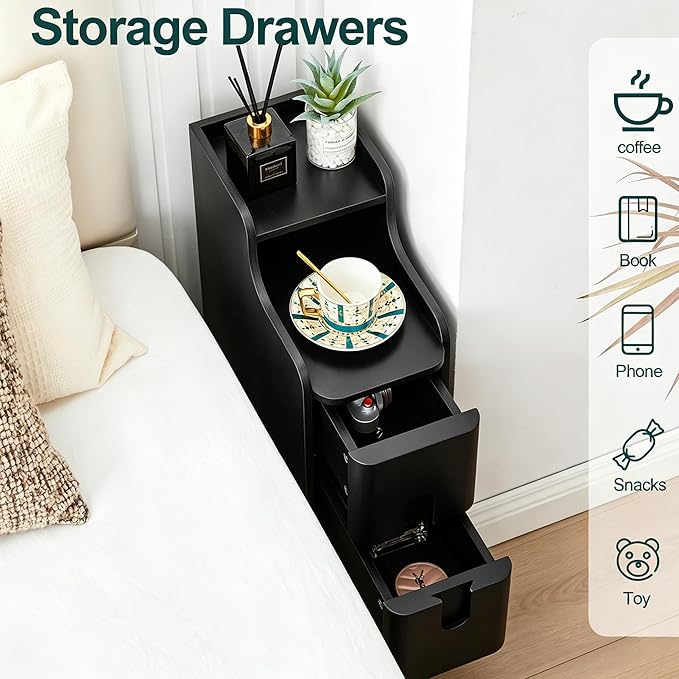 Black Narrow Nightstand, Wood 2 Drawer Small Nightstand, Slim Side Table, Modern Skinny End Bedside Table, Wood Night Stand with Drawers for Bedroom (Black-1 pc)