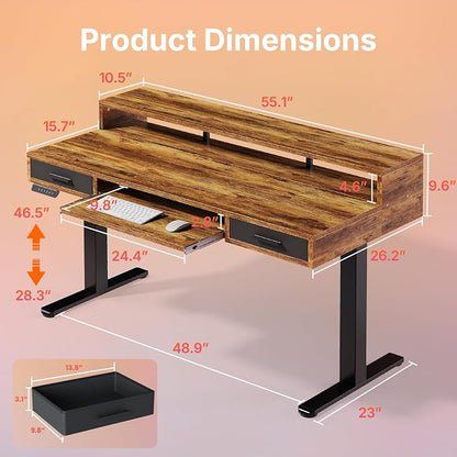 HUANUO 55″ x 26″ Electric Standing Desk with 2 Drawers &24.4″ Large Keyboard Tray, C-Clamp Mount Compatible, Adjustable Computer Desk for Office, Sit Stand Up Desk with 4 Height Presets, Vintage Brown
