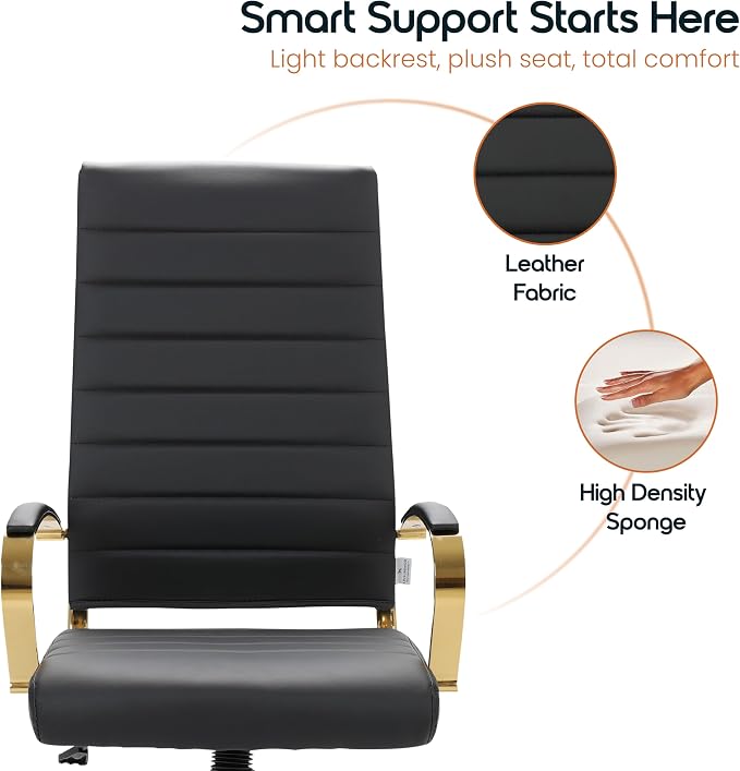 LeisureMod Modern High-Back Leather Office Chair - Swivel & Adjustable Executive Desk Chair with Gold Frame, Ergonomic Design for Home & Office (Black, Set of 8)