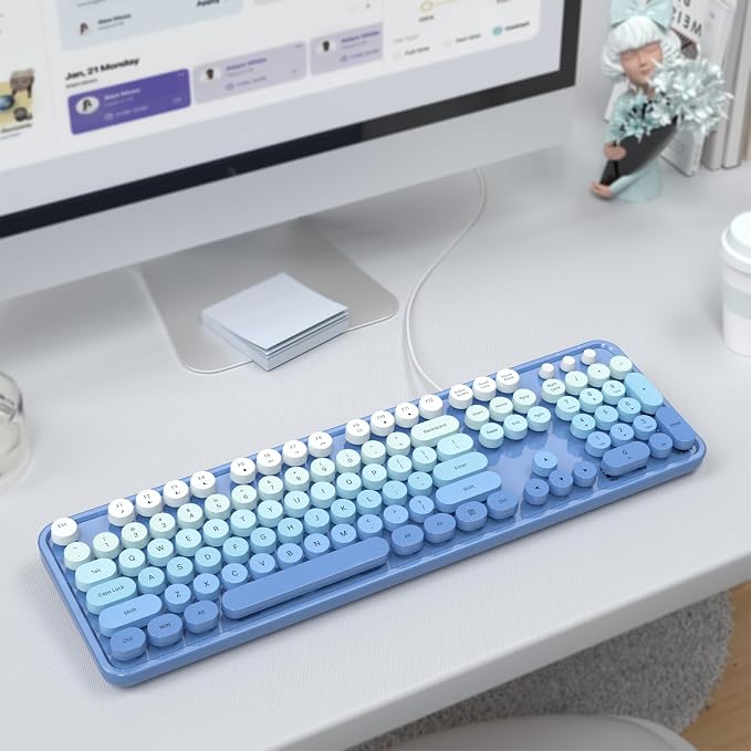 MOWUX Computer Keyboard Wired, Plug and Play USB Retro Round Typewriter Keyboard, Full Size Wired Keyboard with Foldable Stands for Laptop and Office PC- Blue Gradient