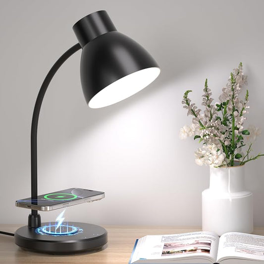 Desk Lamp with Wireless Charger, LED Desk Lamps for Home Office, 800 Lumens, Small Desk Lamp with Pen Holder, Flexible Arm, 3 Modes, Dimming, Touch Lamp for College Dorm Room