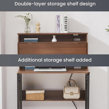 Fold Out Desk with Power Outlets, Small Foldable Table with Storage Shelf,Space-Saving Hidden Desk for Bedroom, Living Room & Office (Walnut)