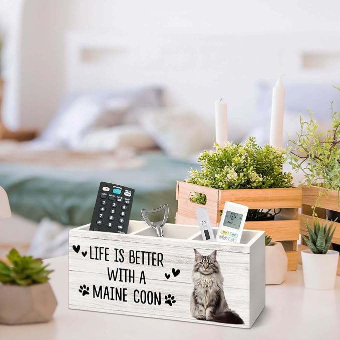 Maine Coon Cat Gifts Pen Holder for Desk, Gifts for MaineCoon Lovers Owners Pencil Organizer, Life is Better with A Maine Coon Cat Wood Pen Holder Desk Accessories Decor for Home Office