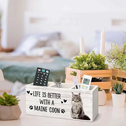 Maine Coon Cat Gifts Pen Holder for Desk, Gifts for MaineCoon Lovers Owners Pencil Organizer, Life is Better with A Maine Coon Cat Wood Pen Holder Desk Accessories Decor for Home Office