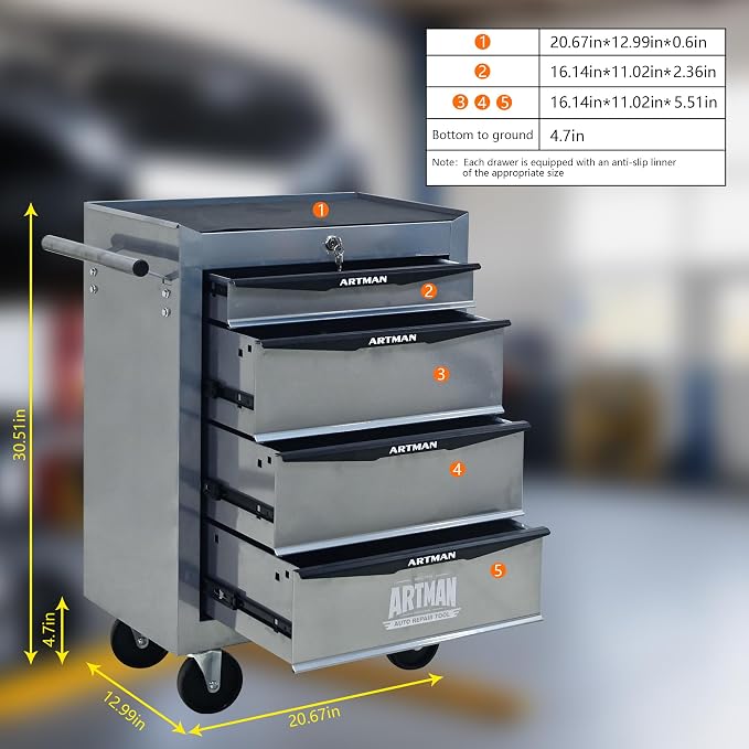 RYH 4-7 Drawers Rolling Tool Chest & Tool Box on Wheels | Heavy Duty Metal Cart with Ball Bearing Drawers | Fits US General Tool Box for Garage Storage (Silver, 4 Drawers（30.5" H × 20.9" W × 13" D)