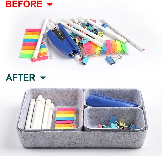 Desk Drawer Organizer | 7 Pack Felt Drawer Organizer Shallow Drawer Organizers Felt Storage Bins (Light Gray)