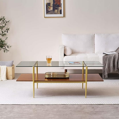 LumFurn X-Large Rectangle Glass Coffee Table, Mid-Century Modern Design for Living Room, L47xW24xH17 inch, 2-Tier Structure, Clear Glass Top and Walnut MDF Shelf, Conical Metal Legs with Gold Finish